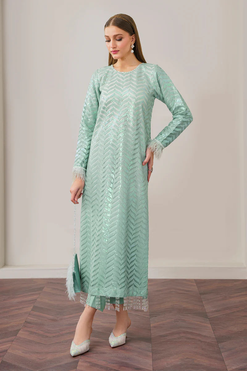 Buy Pakistani suits in Canada with this elegant sea green net outfit from Baroque, featuring intricate embroidery.