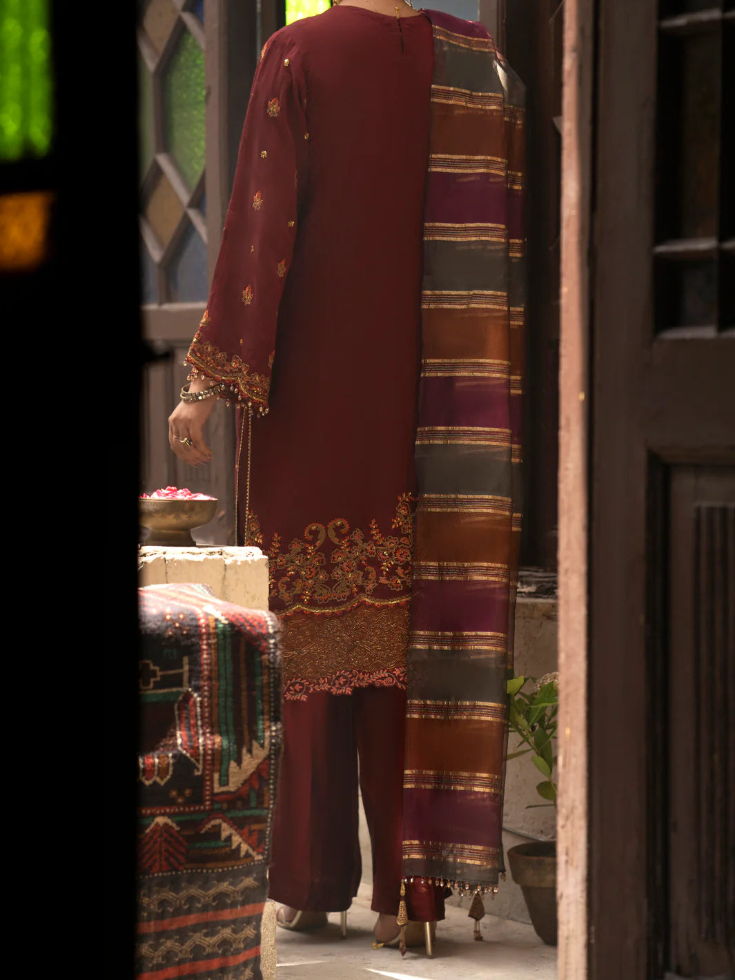 Maroon Khaddi Net 3 Piece Formal- ALM-73 - Tarz-e-Mashriq