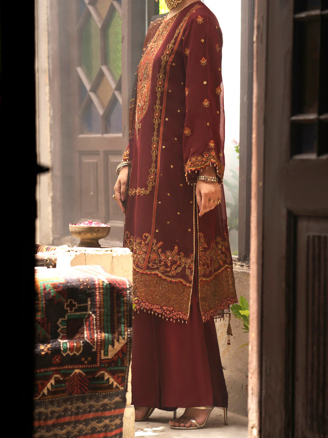 Maroon Khaddi Net 3 Piece Formal- ALM-73 - Tarz-e-Mashriq