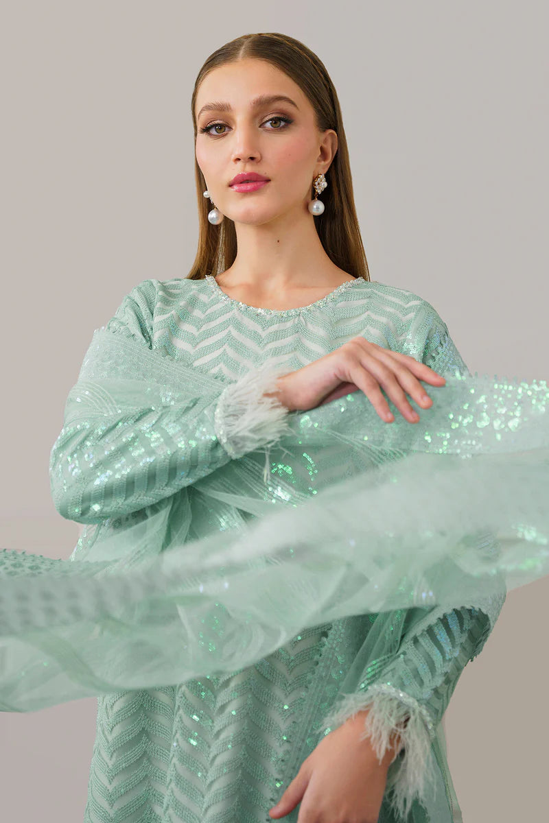 WOMEN SHOWING DUPATTA close-up of Baroque’s embroidered net fabric, showcasing intricate detailing and fine craftsmanship in this Pakistani suit.
