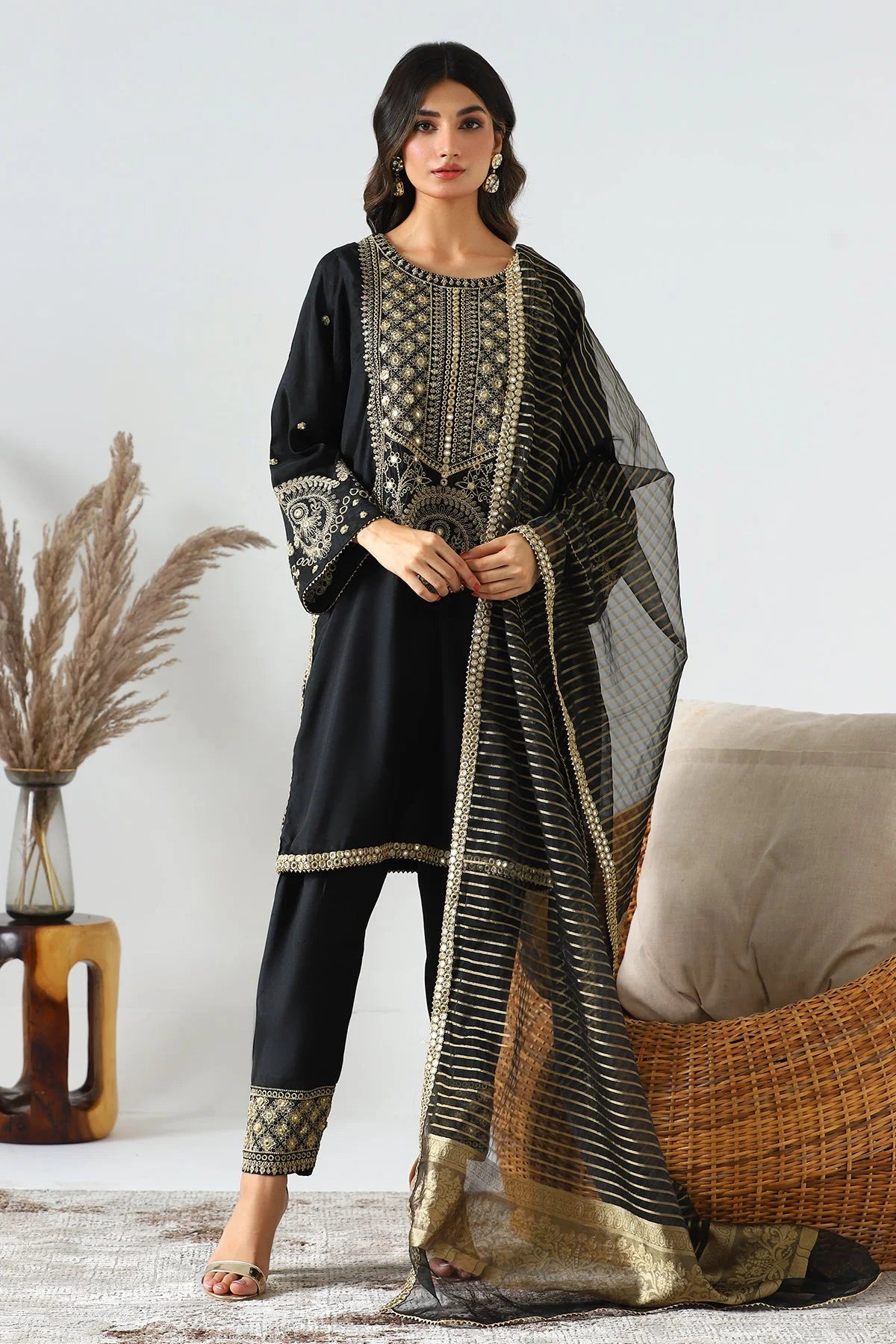 Charizma black 3PC suit with detailed embroidery, crafted for elegance – a must-have Punjabi suit in Canada.