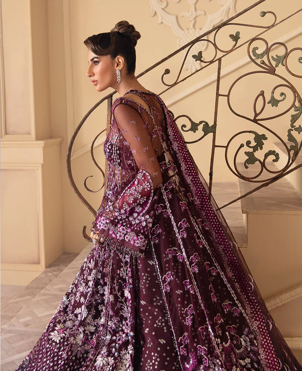 Republic Womenswear - Wine Organza Dress with Silver Floral Embellishments - REP-109 - Tarz-e-Mashriq