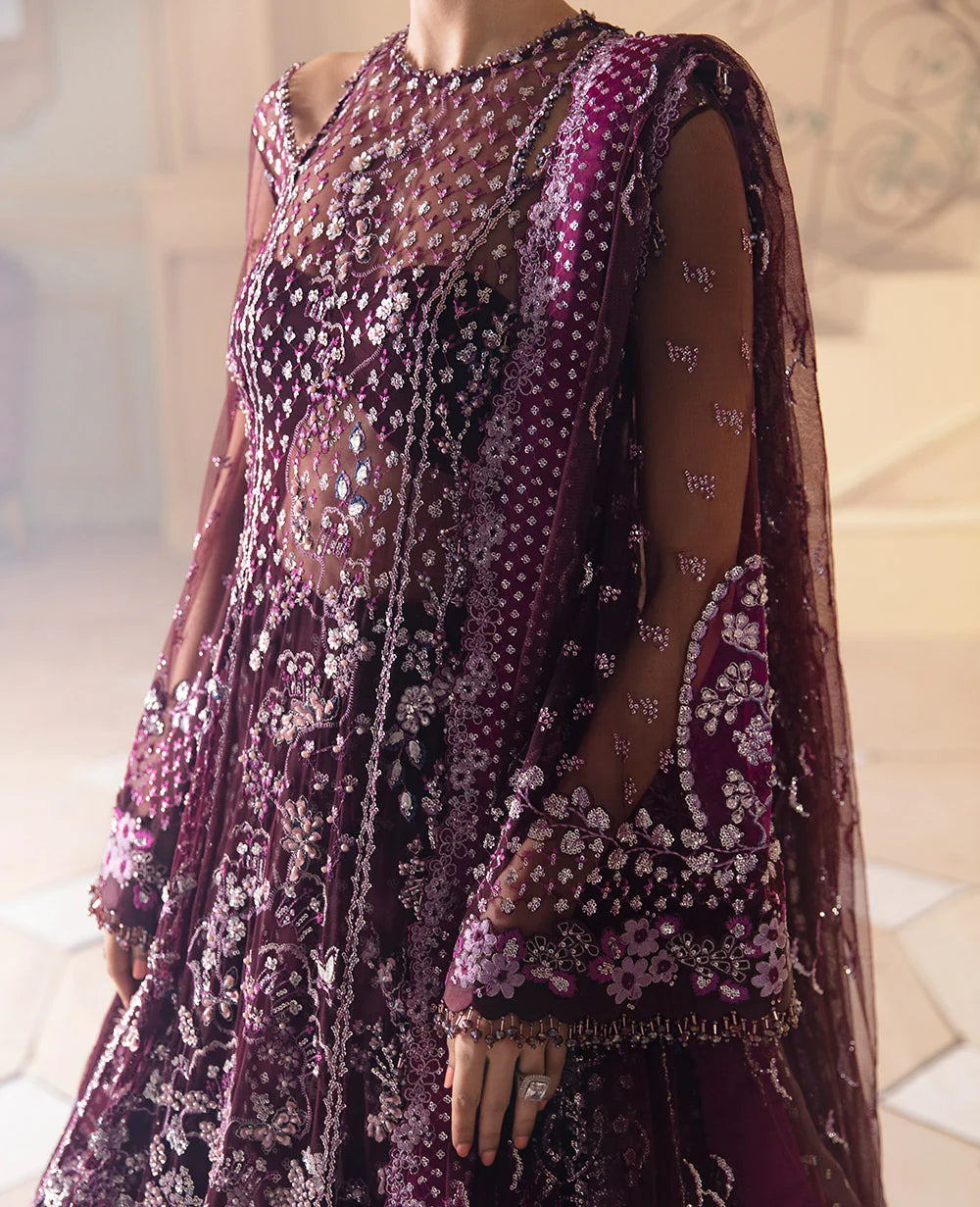 Republic Womenswear - Wine Organza Dress with Silver Floral Embellishments - REP-109 - Tarz-e-Mashriq