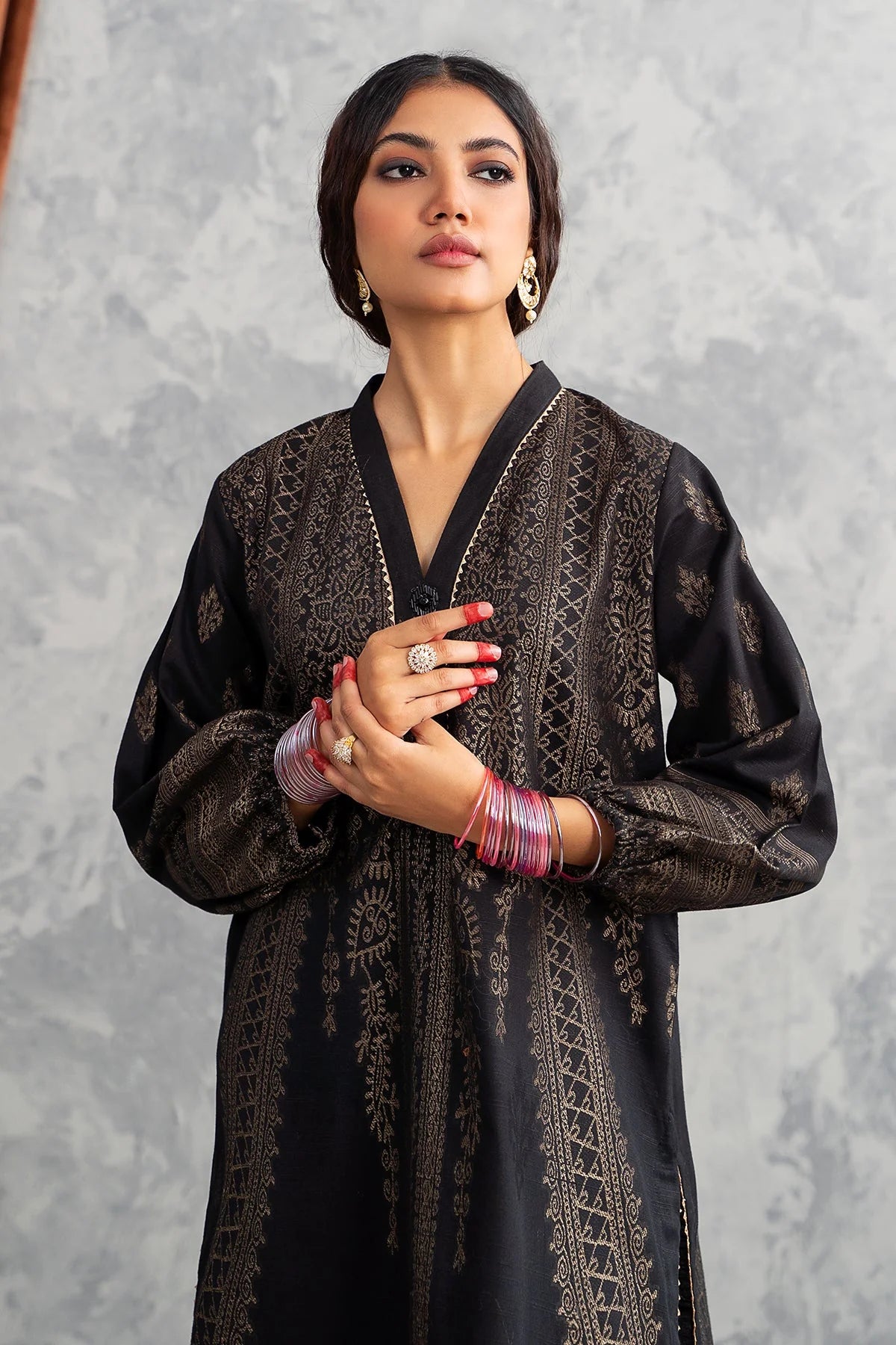 Charizma black khaddar brosha printed shirt – a stylish choice for Pakistani suits online in Canada, perfect for casual wear.