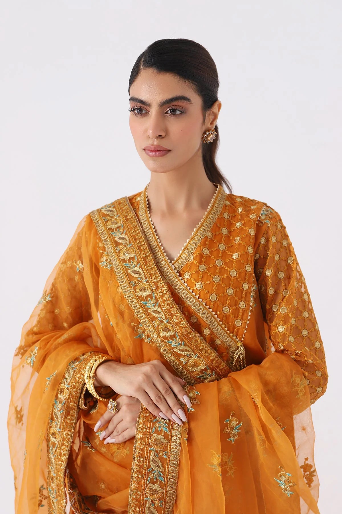 Shop Pakistani suits in Canada with this elegant orange organza 3-piece suit from Charizma, perfect for formal wear.