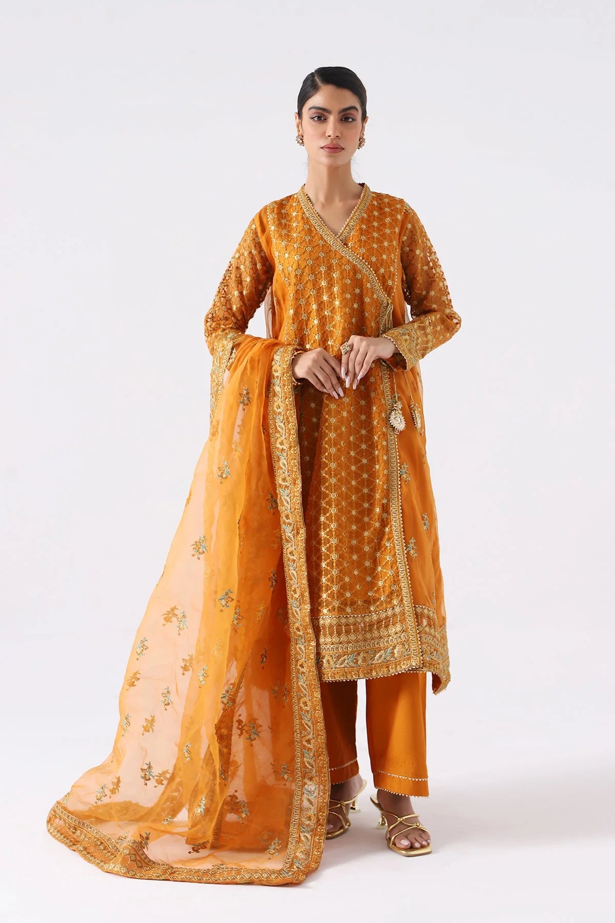 FRONT profile of Charizma’s embroidered organza suit, showcasing delicate embroidery – a premium choice for Punjabi suits in Canada.