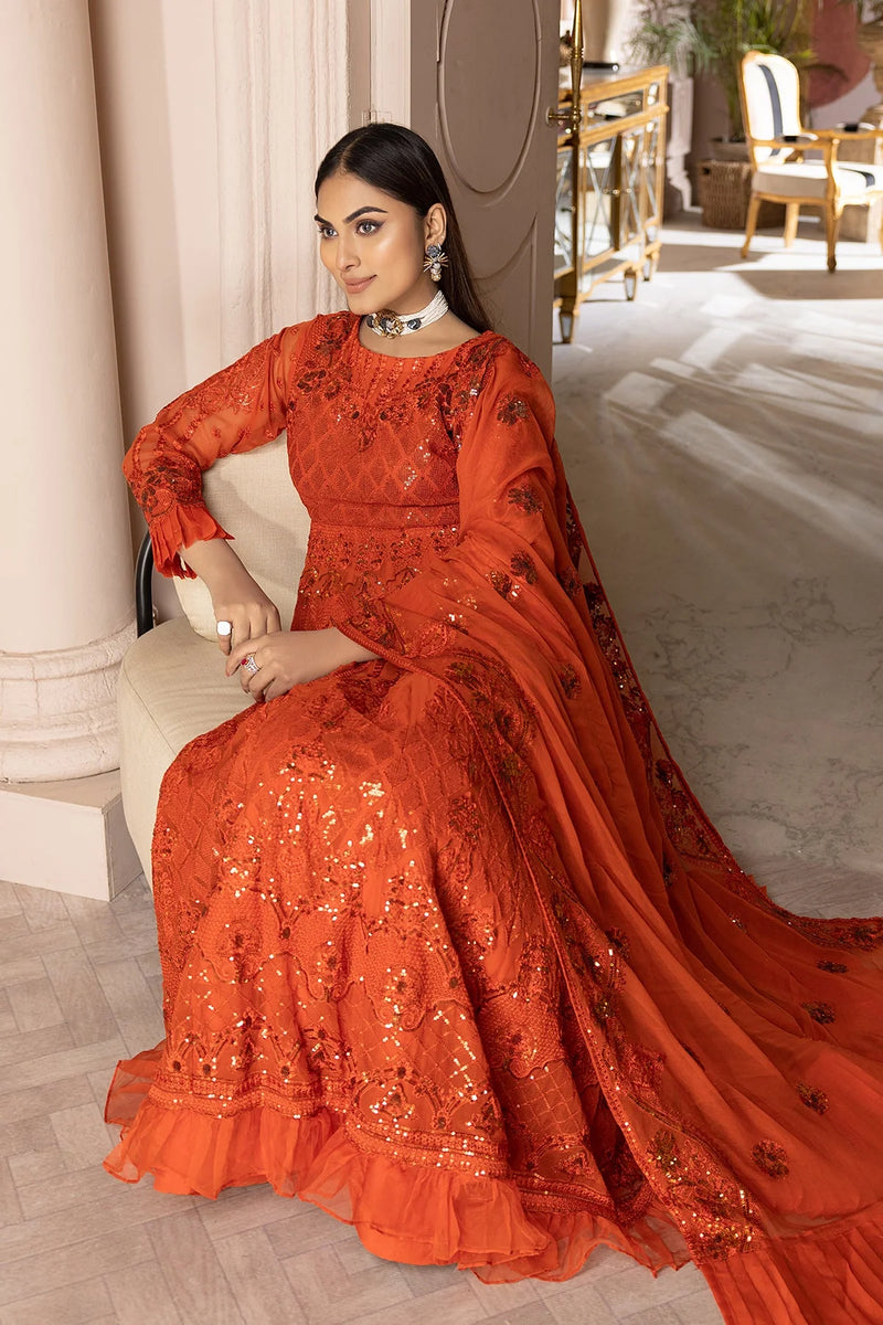 WOMEN WEARING Charizma orange embroidered chiffon sharara suit – a stylish choice for Pakistani suits online in Canada, crafted with premium silk and chiffon.