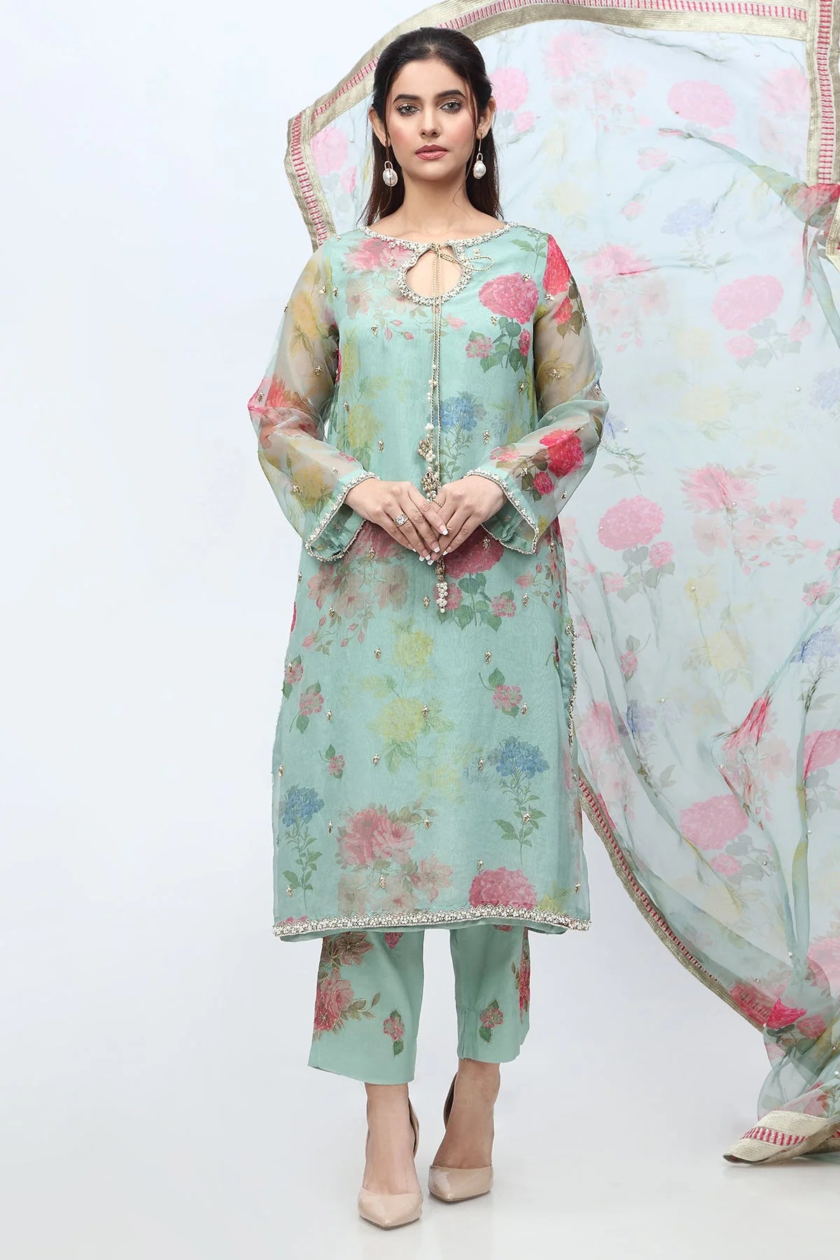 Front view of Charizma’s 3PC organza suit, highlighting intricate embroidery – a premium option for Punjabi suits in Canada.