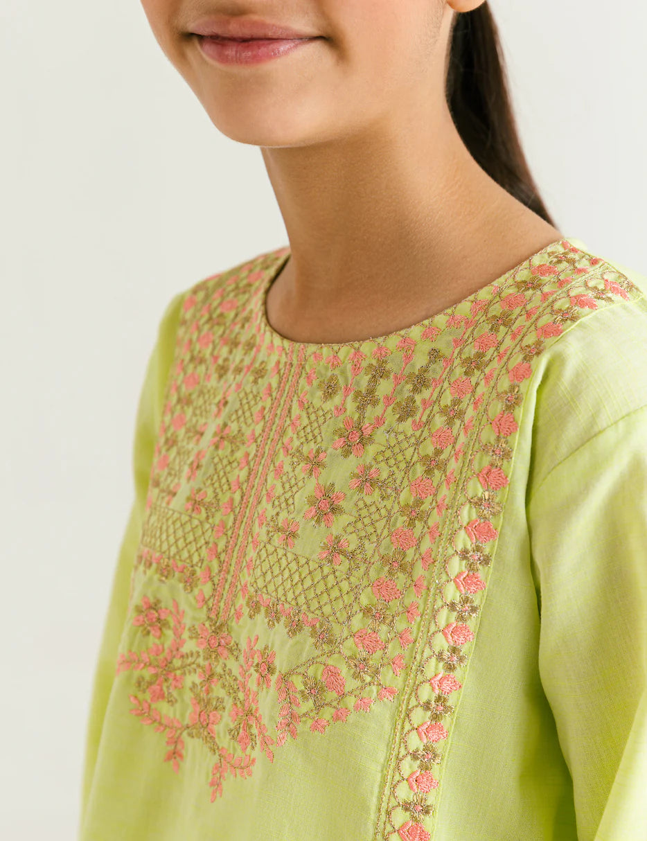 A detailed close-up of Beechtree’s exquisite tilla embroidery on yarn-dyed fabric – shop now for premium kids' fashion.