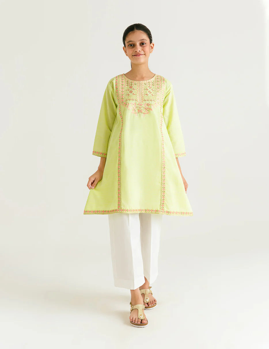 Elegant Beechtree lemon green embroidered tunic for kids – shop Pakistani suits online in Canada. Perfect festive wear for 13-14 years old girls.
