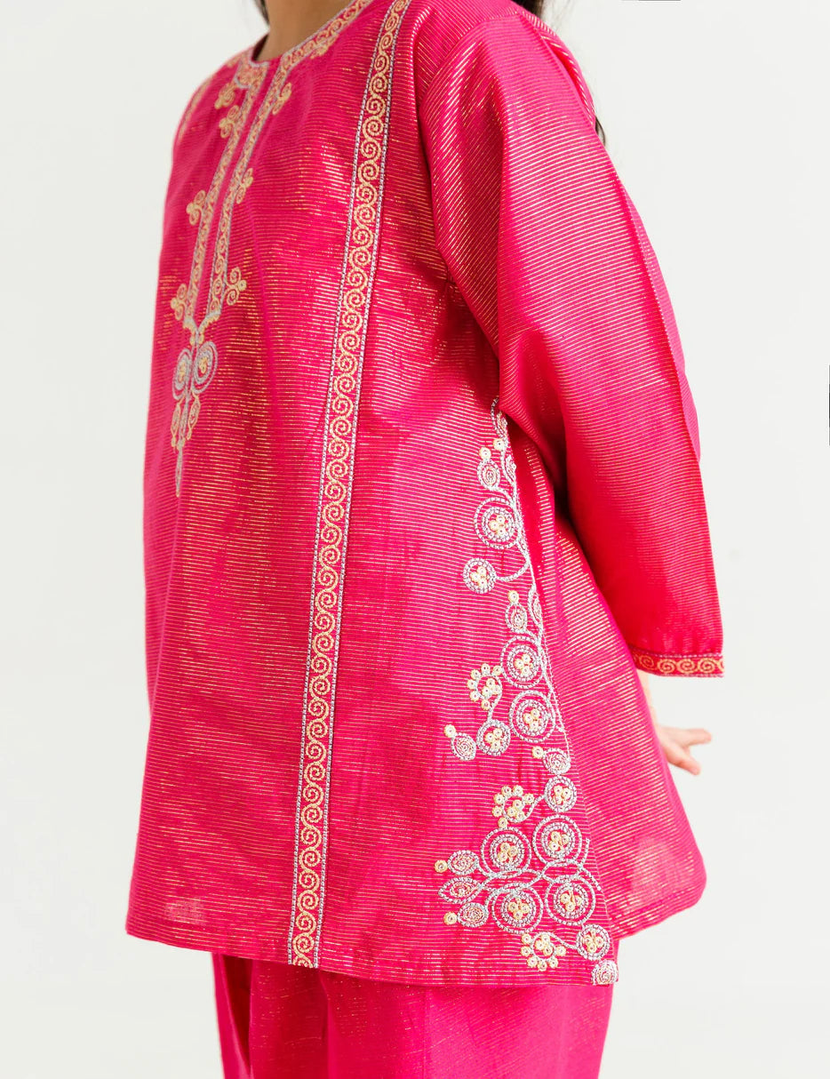 A girl in a stylish dark pink Beechtree 2 PC embroidered suit, perfect for cultural and festive occasions in Canada.
