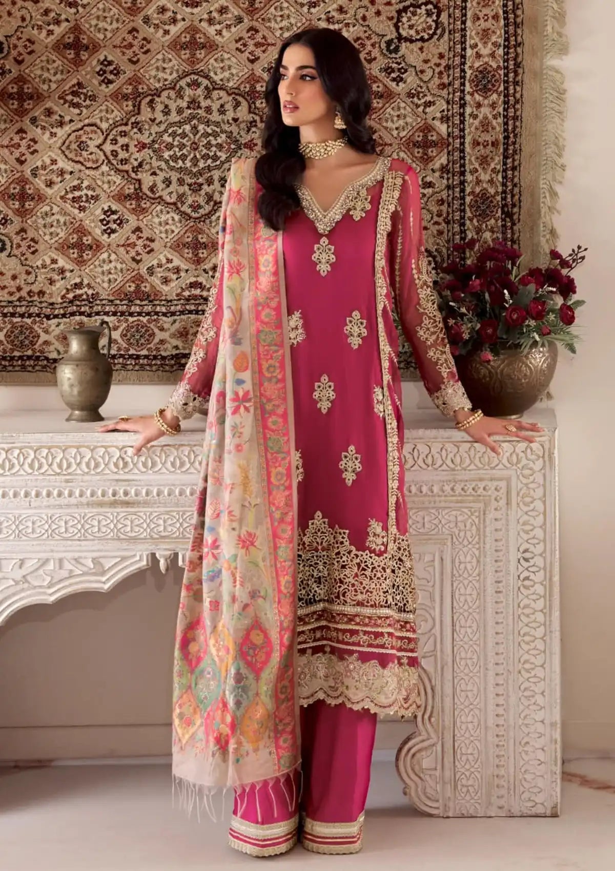 Traditional Pakistani clothes in Canada - Noor by Saadia Asad Ruby Kaani Chiffon 3-Pc Suit