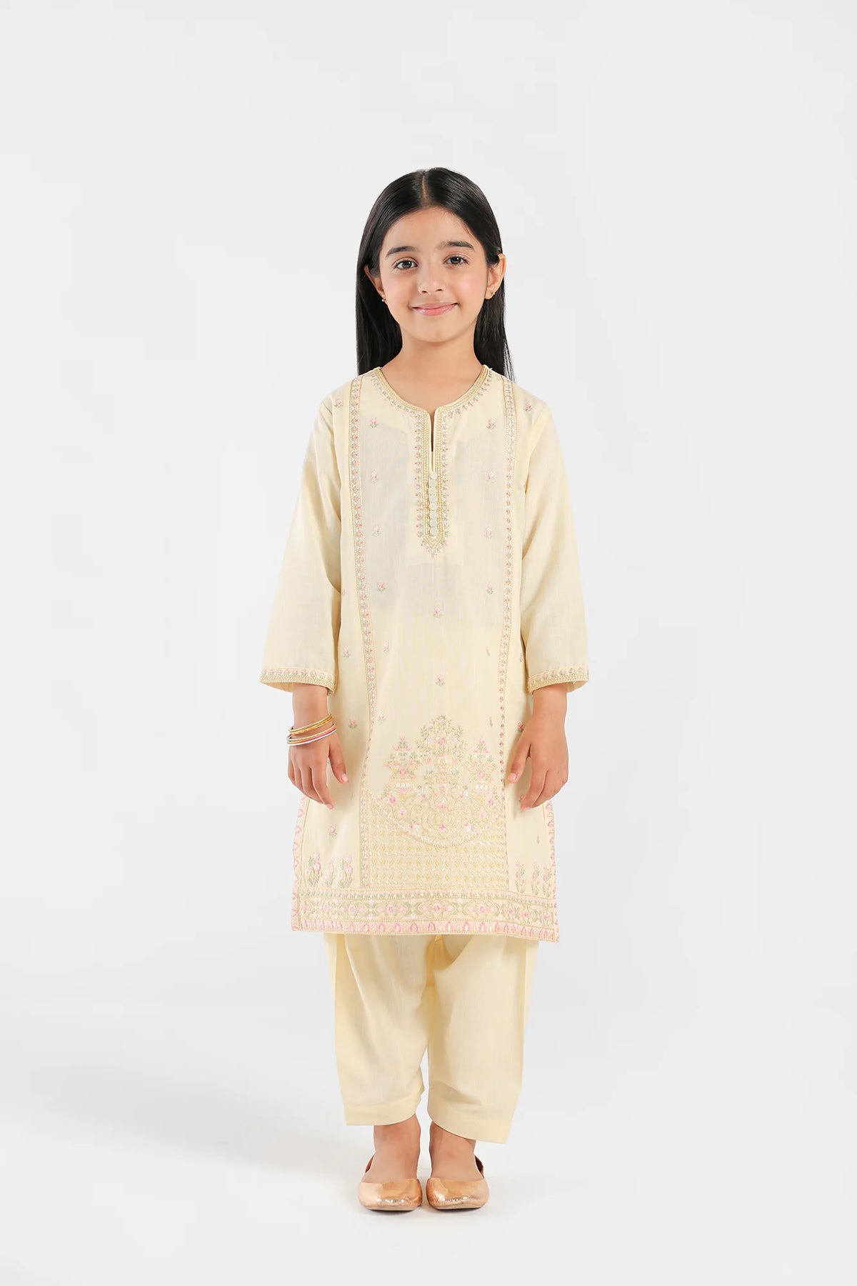 Ethnic pale yellow embroidered suit for kids – a top choice for Pakistani suits online in Canada, featuring delicate floral embroidery.