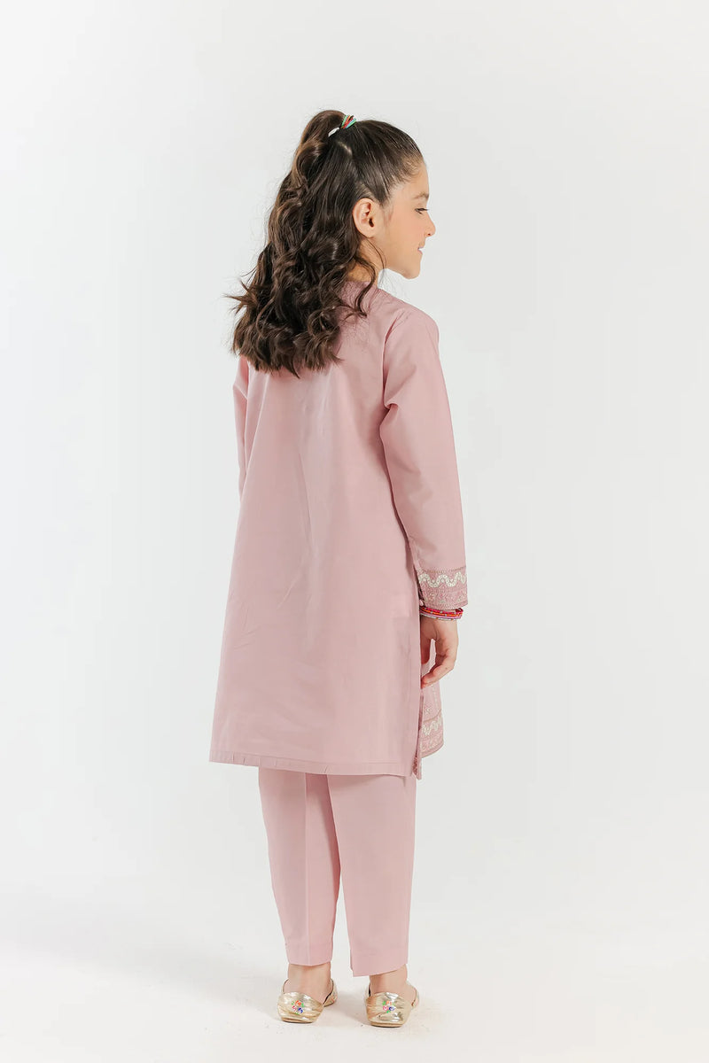 Rear view of Ethnic’s pale coral embroidered suit, offering comfort and elegance – a must-have in Pakistani suits for kids in Canada.