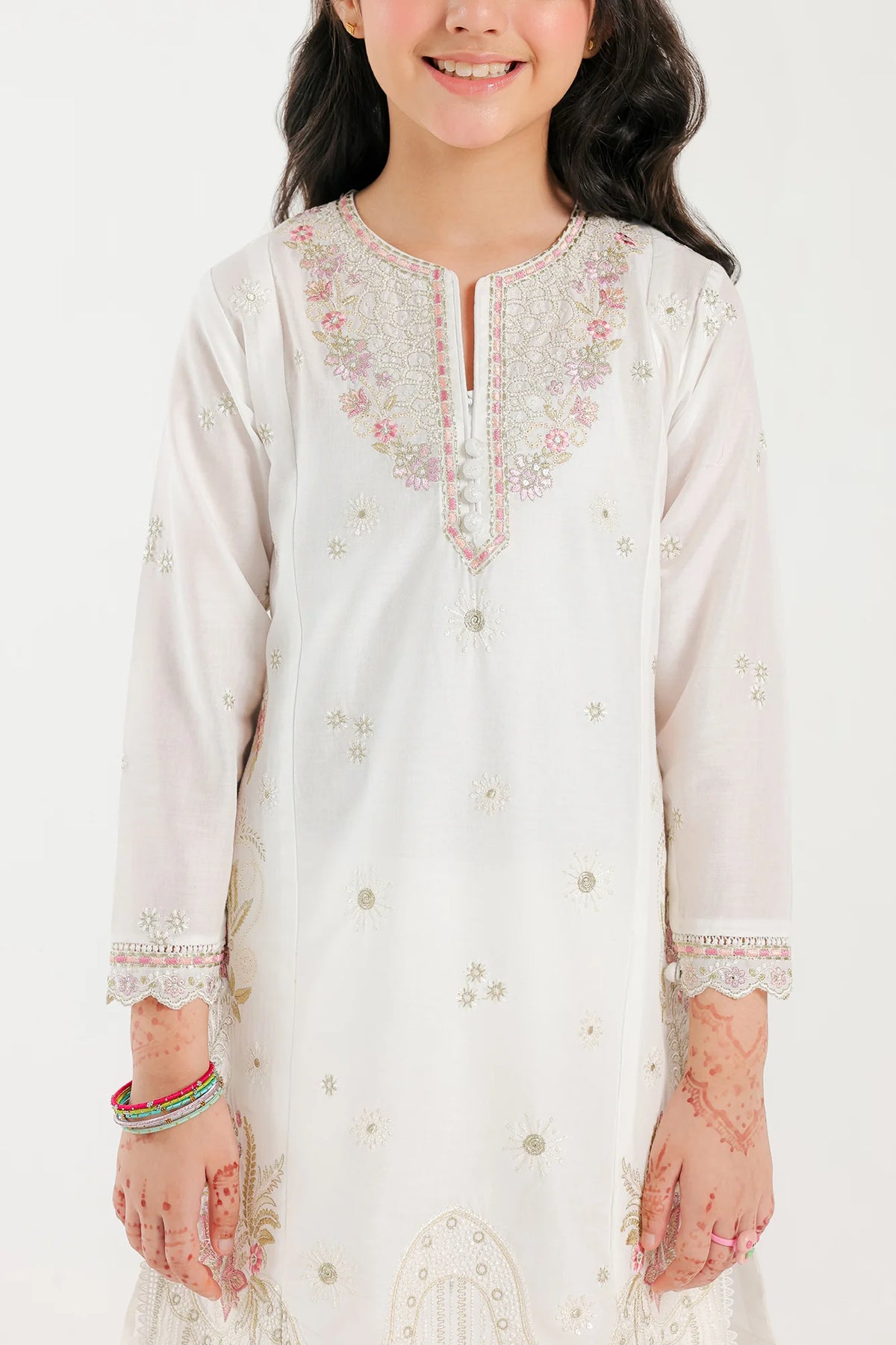 Close-Up of Embroidery Details of  Ethnic’s embroidered white lawn suit features exquisite floral patterns, a top choice for Pakistani suits in Canada for kids.