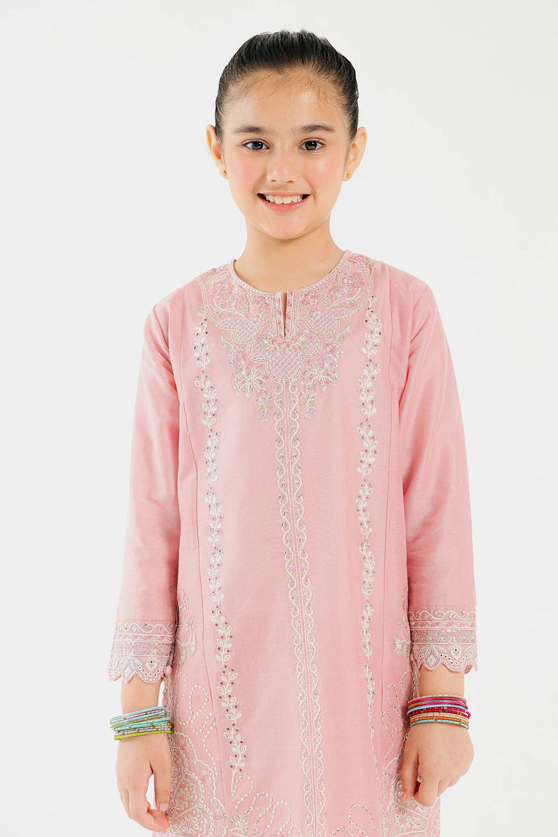 Pakistani suits Canada for kids – a beautiful powder coral 2 PC embroidered suit in lawn fabric from Ethnic.