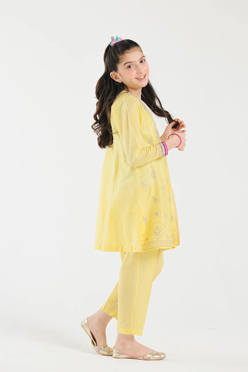 RIGHT SIDE Ethnic's bright yellow 2PC suit – a premium Pakistani suit for kids, featuring intricate floral embroidery on a lawn kurta.