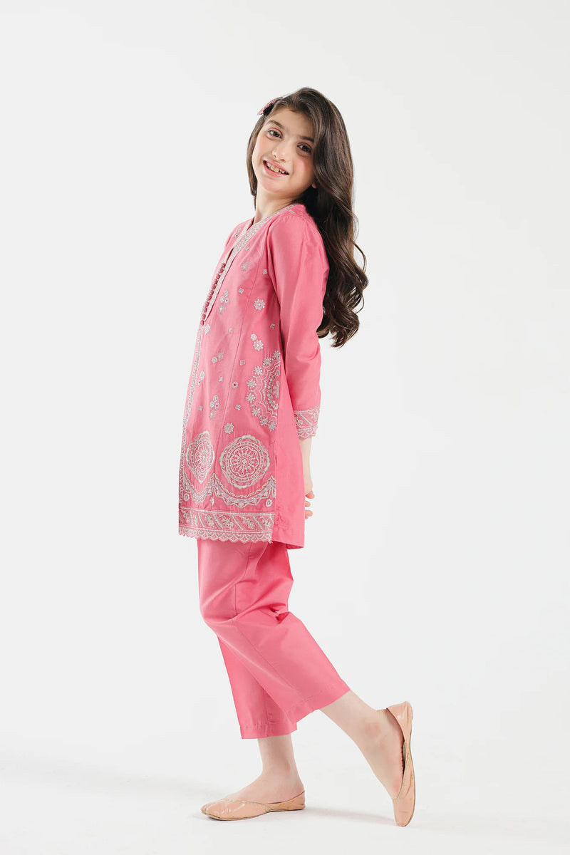 Shop Pakistani suits in Canada with this elegant flamingo pink embroidered suit from Ethnic, perfect for kids' traditional wear.