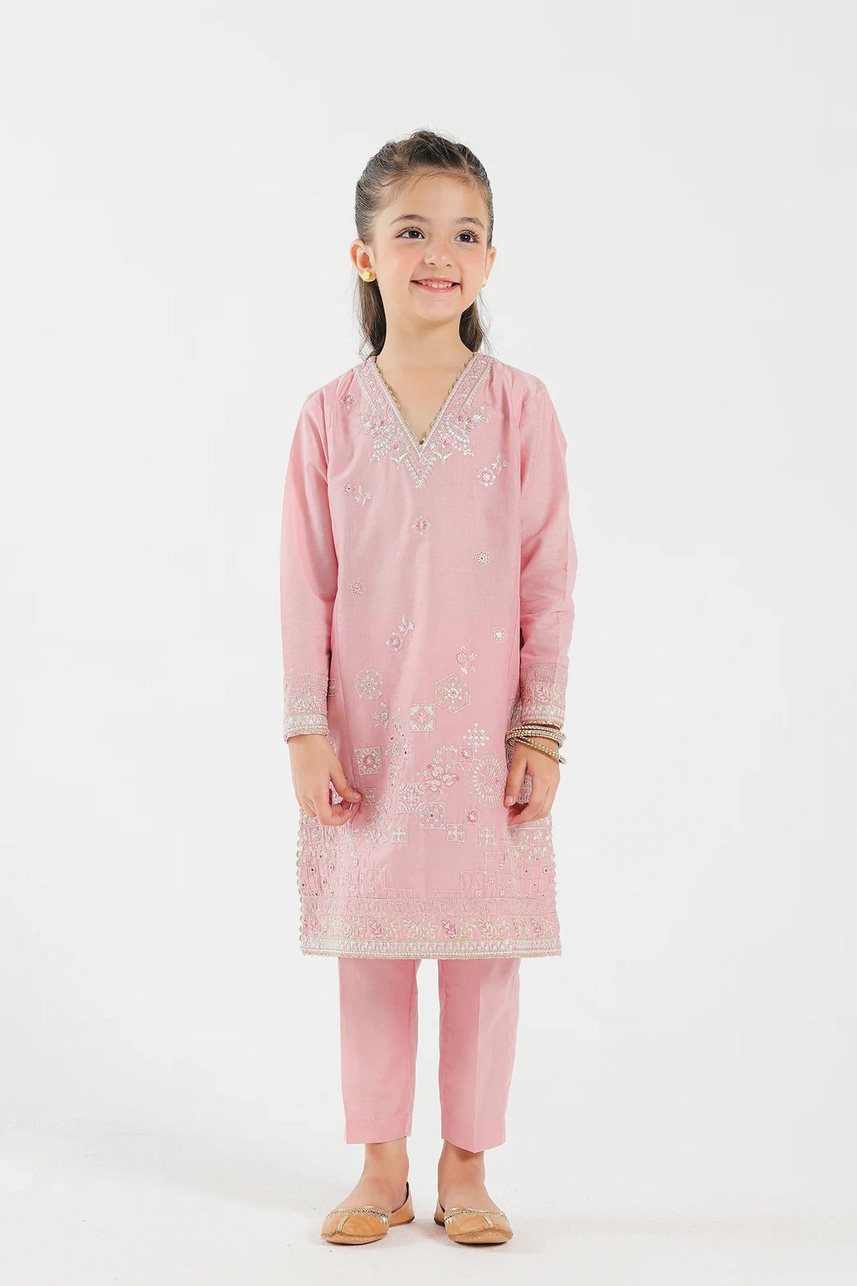 Ethnic pastel pink embroidered kids suit – a beautiful choice for Pakistani suits online in Canada, made with soft lawn fabric.