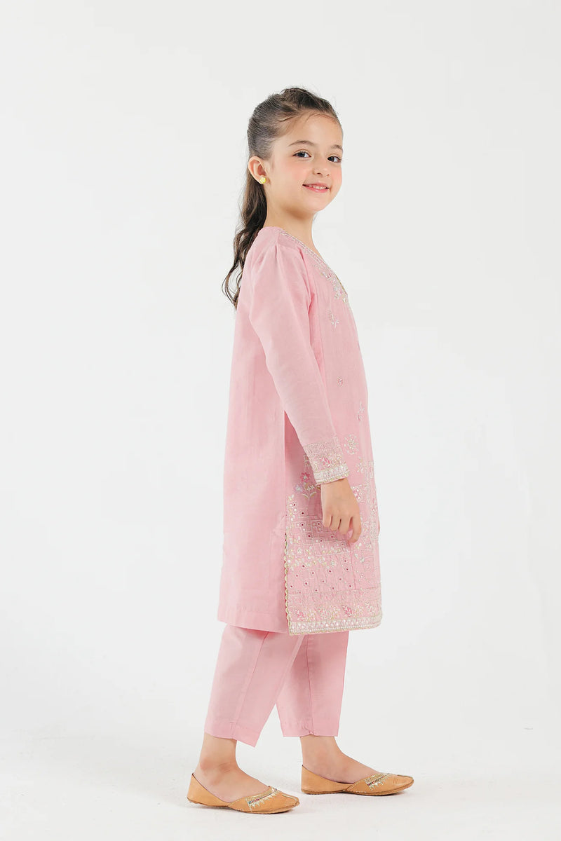 Side profile of Ethnic’s pastel pink suit, featuring floral embroidery – a premium selection for Pakistani suits for kids.