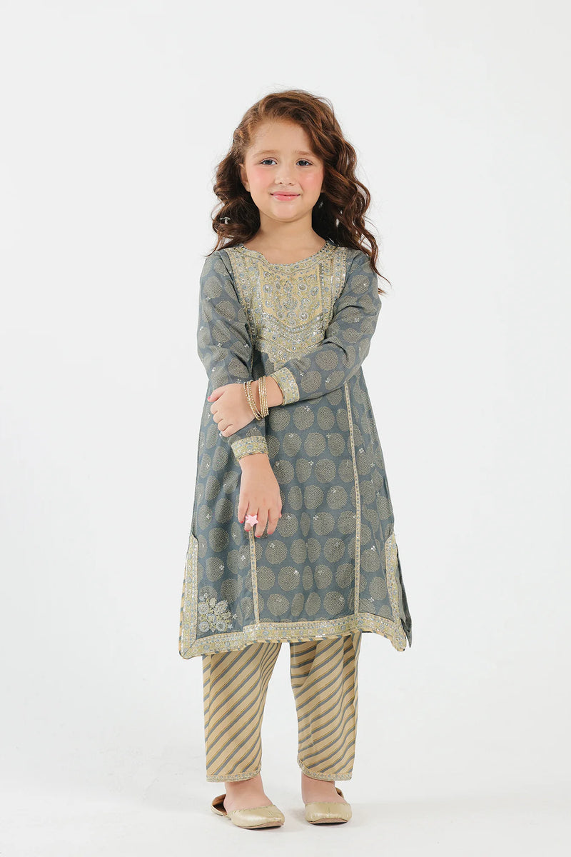 a small kid 8-9 years old wearing Pakistani suits in Canada with this elegant light grey embroidered suit from Ethnic, perfect for festive occasions.