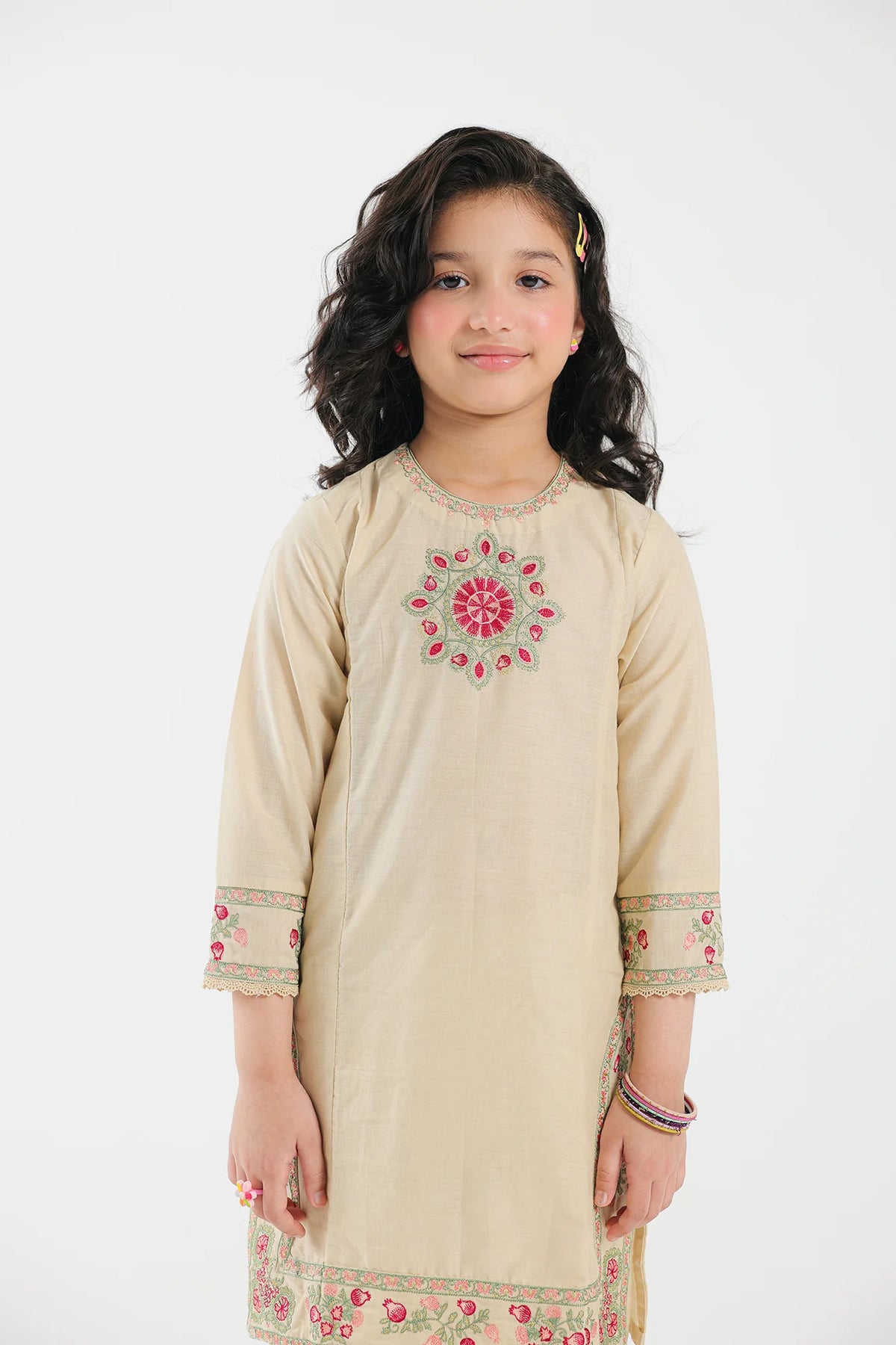 Detailed embroidery work on Ethnic's lemon icing jacquard suit – a must-have in Pakistani suits online Canada.