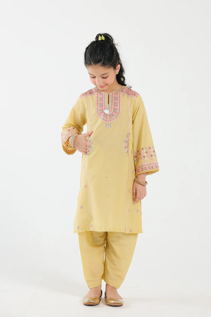 7-8 years old girl earing Pakistani suits in Canada with this elegant bright yellow embroidered suit from Ethnic, perfect for kids' casual wear