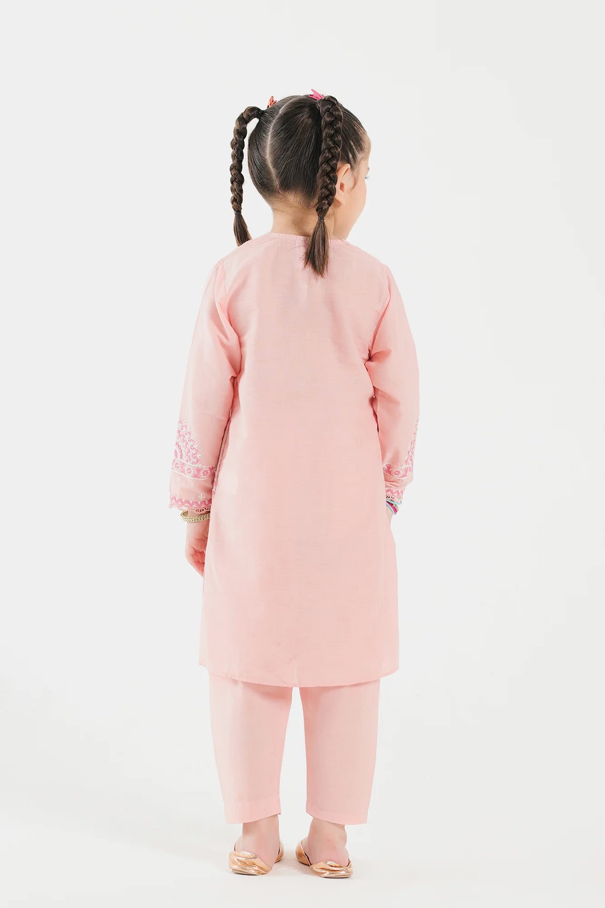 Back View of a stylish powder pink embroidered jacquard suit from Ethnic – a perfect choice for Pakistani suits for kids.