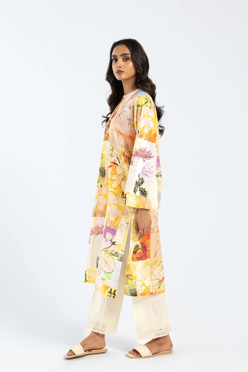 Close-up side profile of Ethnic’s printed cotton shirt, highlighting the intricate print – a must-have Pakistani suit.