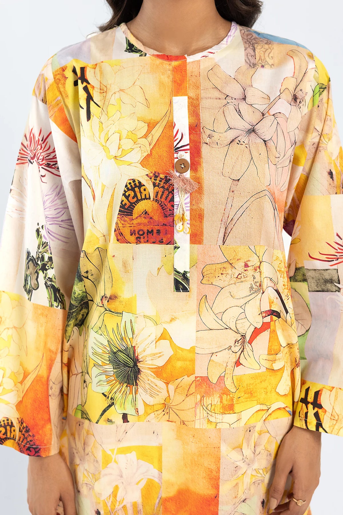 Soft cotton fabric with a detailed print on Ethnic’s pale yellow shirt – shop Pakistani suits Canada now!