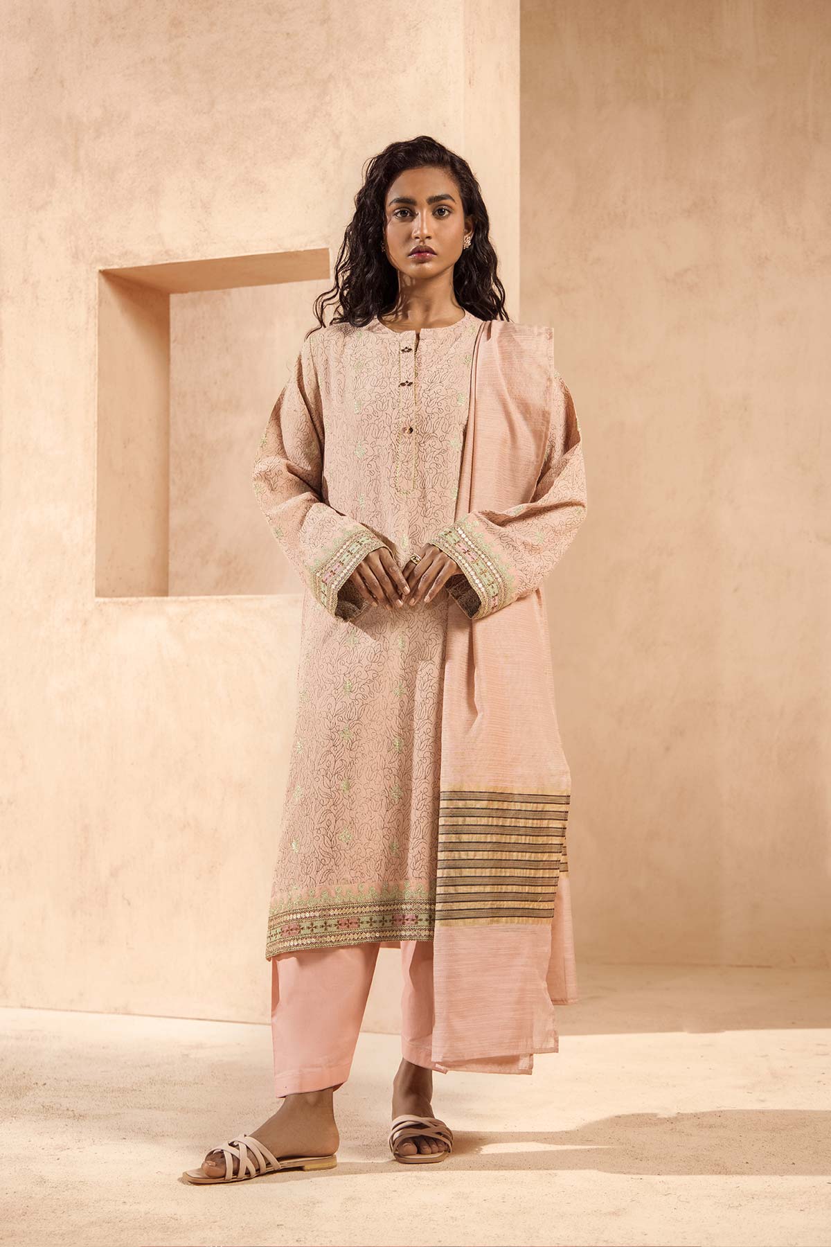 Brand Al Karam - 3-Pc Dyed Jacquard Outfit with Shirt, Trouser, and Dupatta - ALK-221 - Tarz-e-Mashriq