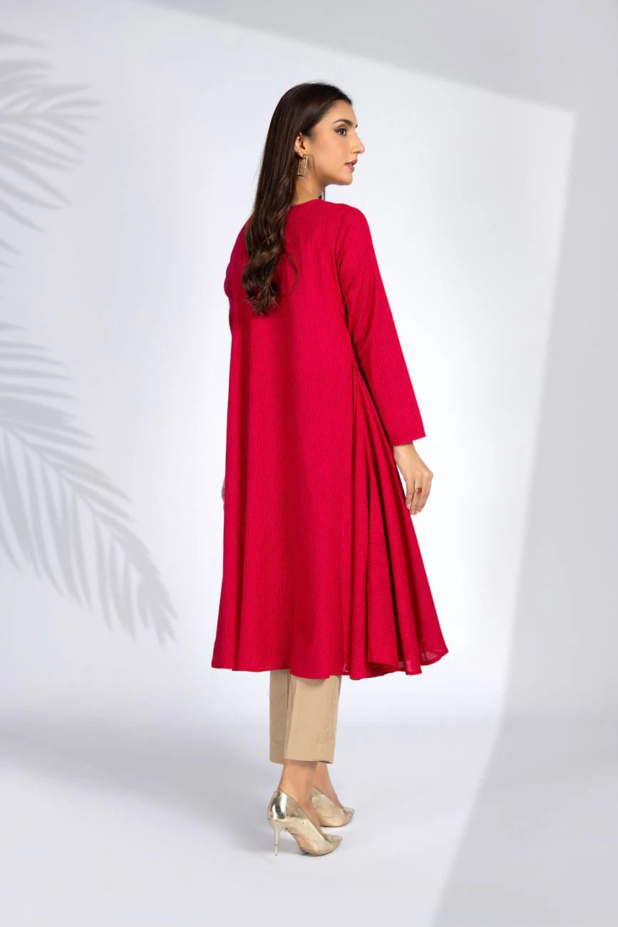Rear view of Chinyere’s red printed lawn shirt, crafted for elegance – available at Tarz-e-Mashriq in Canada.