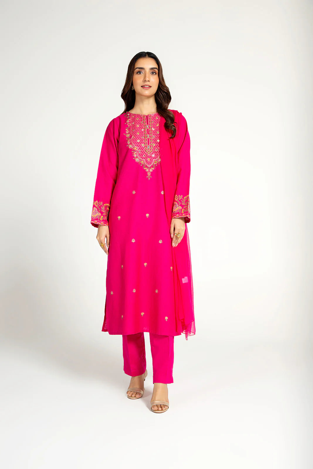 Chinyere bright pink cotton karandi 3PC suit – a stunning choice for traditional Pakistani clothes, featuring an elegant embroidered design.