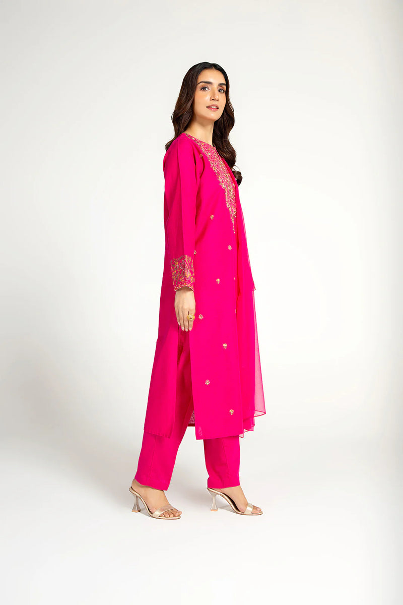 women showing side view of Pakistani suits in Canada with this Chinyere bright pink cotton karandi 3PC suit, perfect for casual occasions.