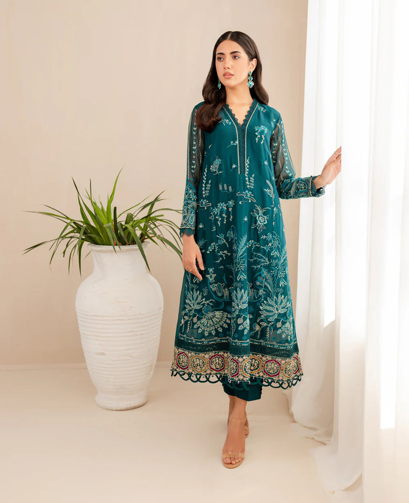 Elegant eagle green embroidered Pakistani suit from Xenia, a perfect choice for Pakistani suits online in Canada, featuring chiffon fabric and intricate detailing.