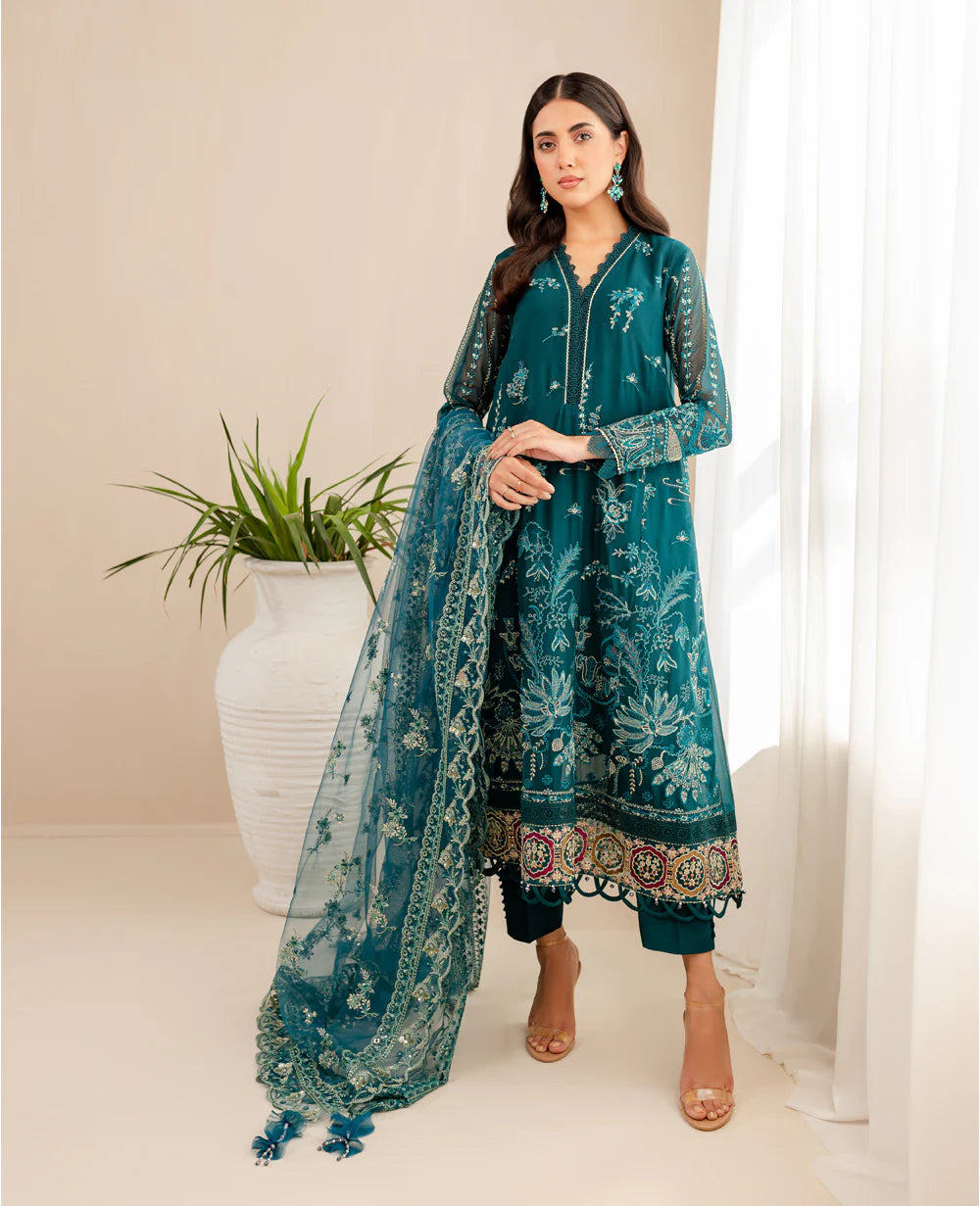Embroidered Chiffon Shirt with Net Dupatta and Raw Silk Trousers - Traditional Pakistani Clothing