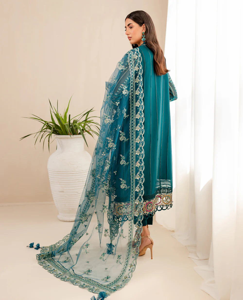Rear view of Xenia’s eagle green embroidered suit, highlighting the intricate embroidery – a premium 3PC chiffon outfit for formal occasions.