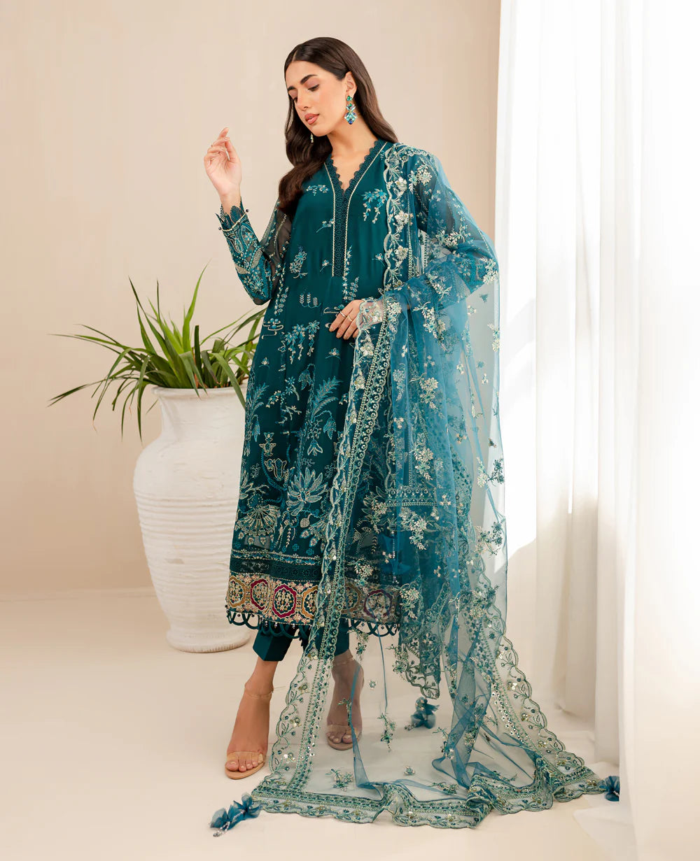 Embroidered Chiffon Shirt with Net Dupatta and Raw Silk Trousers - Traditional Pakistani Clothing
