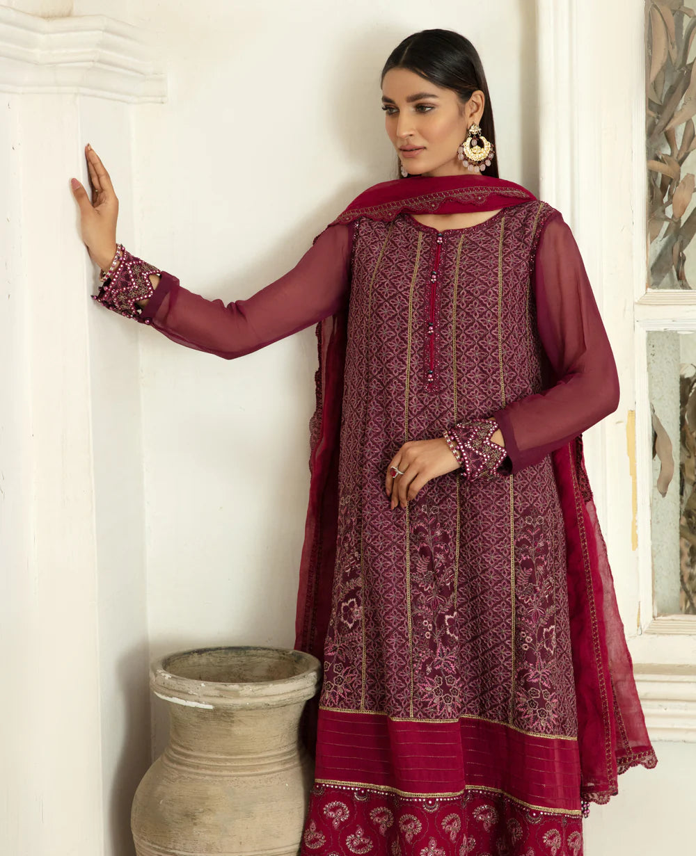 Elegant Pakistani suit in Canada by Xenia, featuring intricate embroidery on chiffon fabric, perfect for formal wear.