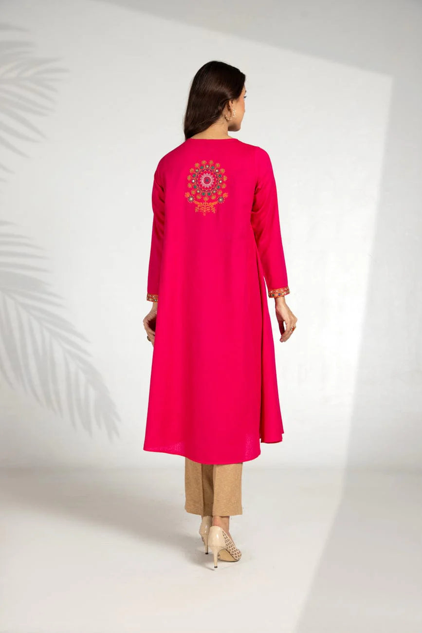 Rear view of the shocking pink lawn karandi shirt by Chinyere – a must-have for Pakistani suits online in Canada.