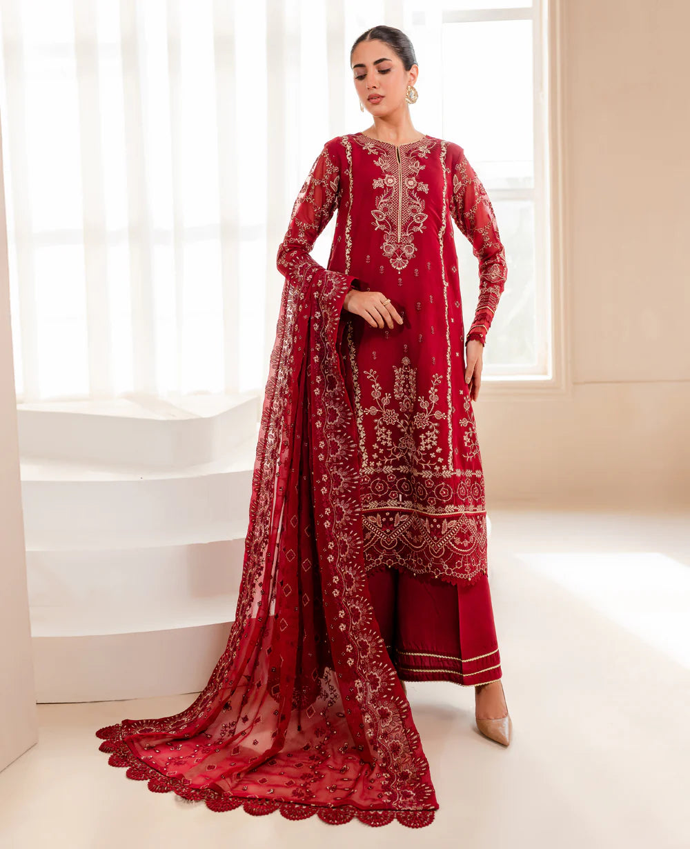 Xenia maroon embroidered chiffon 3-piece suit – a premium Pakistani suit online in Canada, designed for formal elegance.