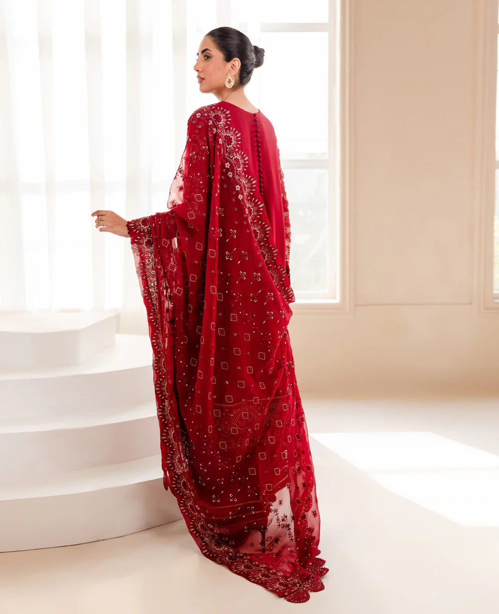 Rear view of Xenia’s maroon embroidered chiffon suit – an elegant Pakistani suit online in Canada, ideal for formal gathering