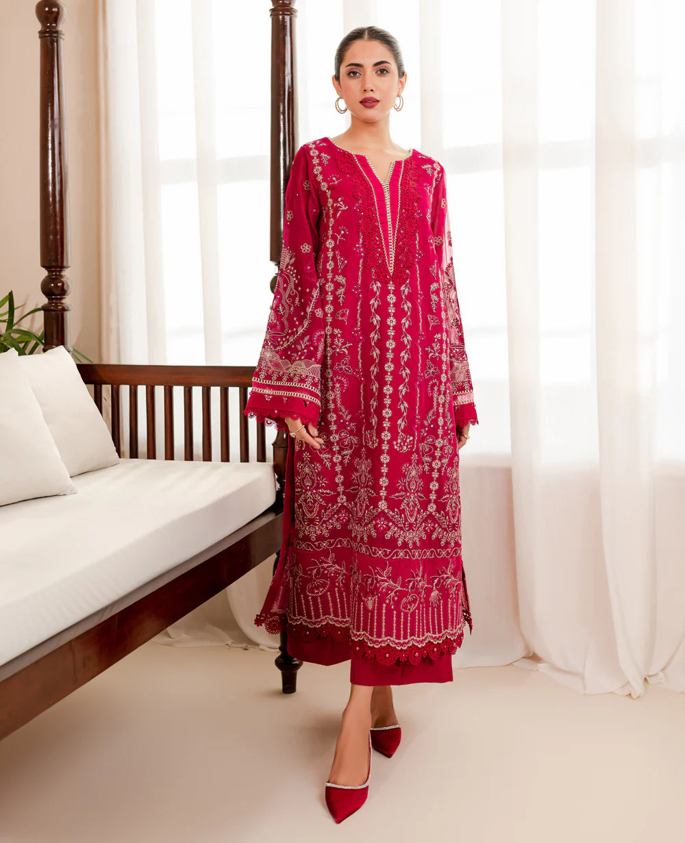 Shop Pakistani suits in Canada with this deep shocking pink Xenia embroidered chiffon suit, perfect for semi-formal occasions.