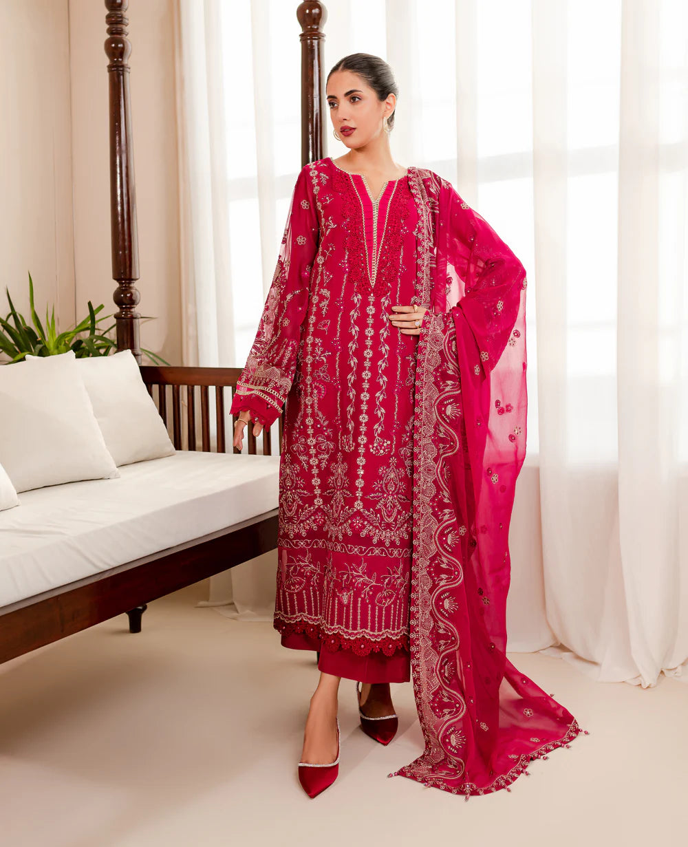 Side profile of Xenia’s embroidered chiffon suit – showcasing fine embroidery, a premium pick for Punjabi suits in Canada.