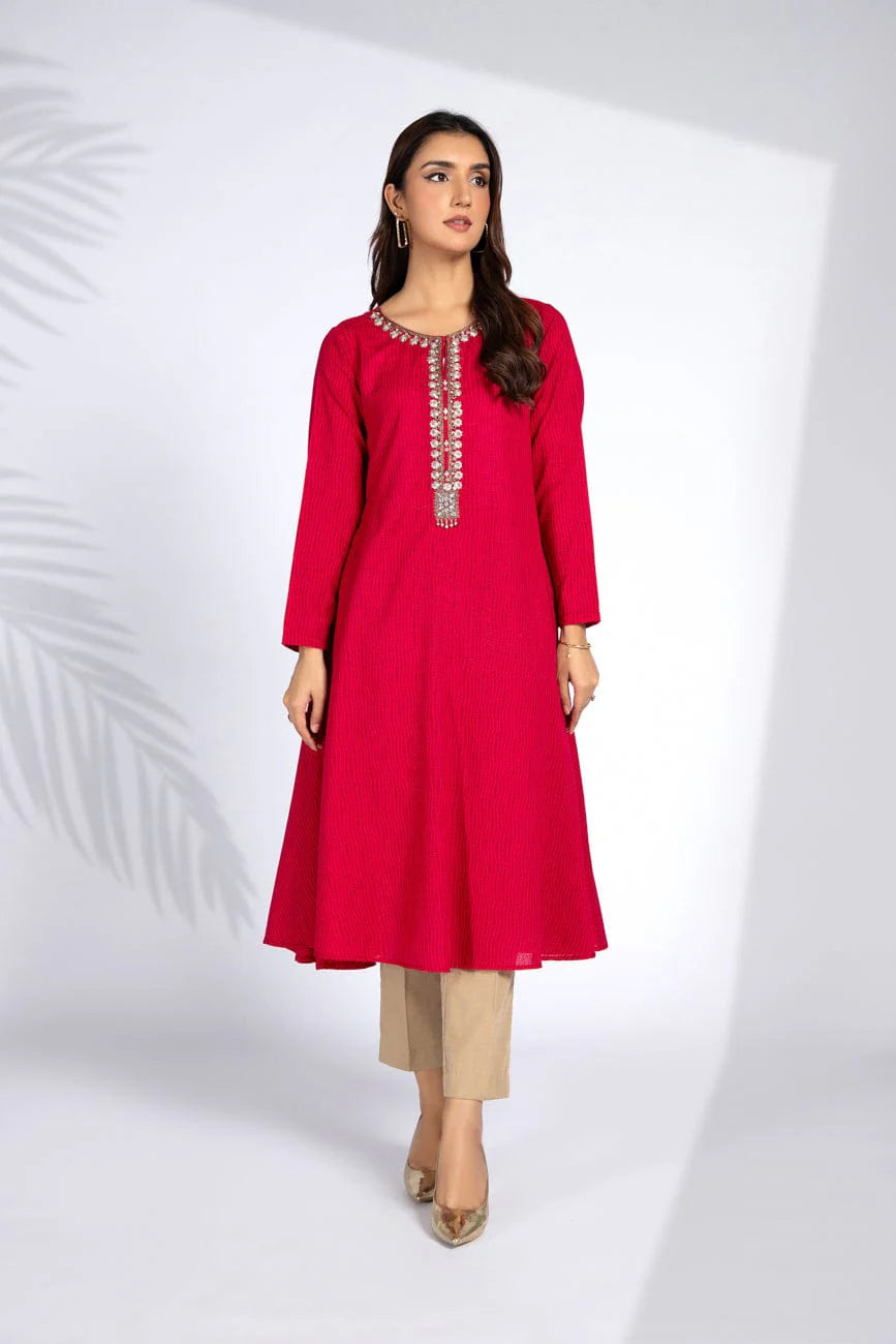 women wearing Chinyere red printed Karandi lawn shirt – a premium choice for Pakistani suits online in Canada, perfect for casual wear.