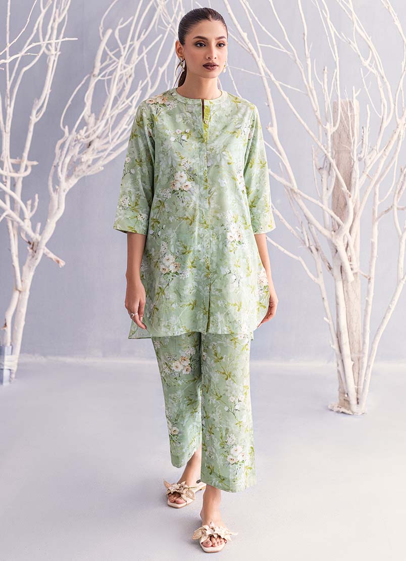 Front View of Light green printed 2 PC co-ord set by Image, worn by a woman in medium size, showcasing traditional Pakistani clothes.