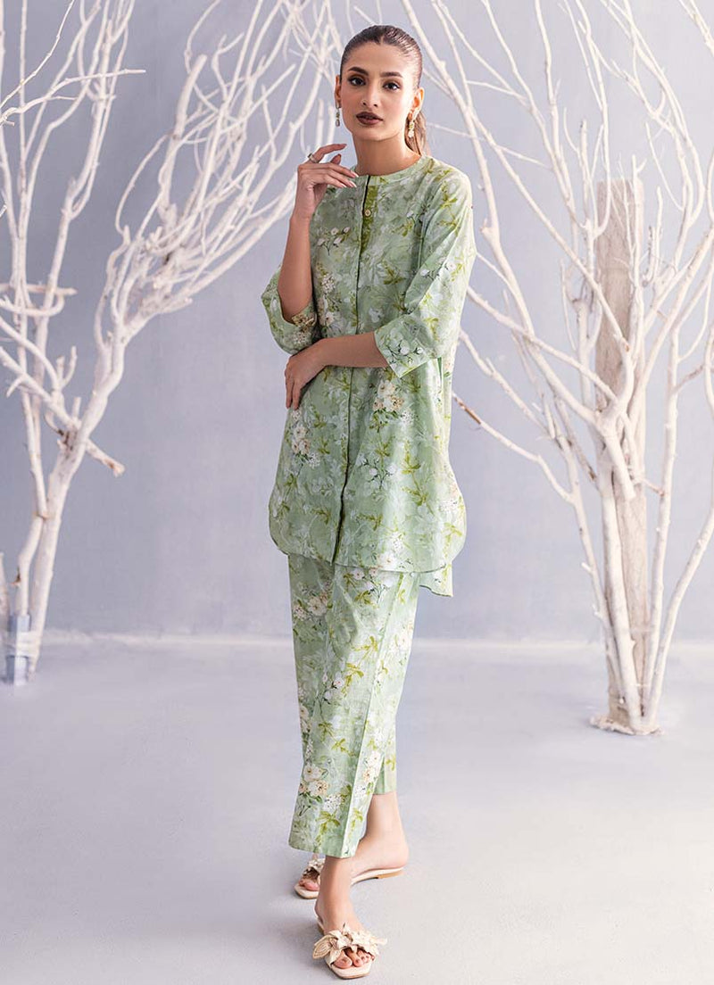 High-quality cotton texture of the light green Image co-ord set, blending comfort and elegance.