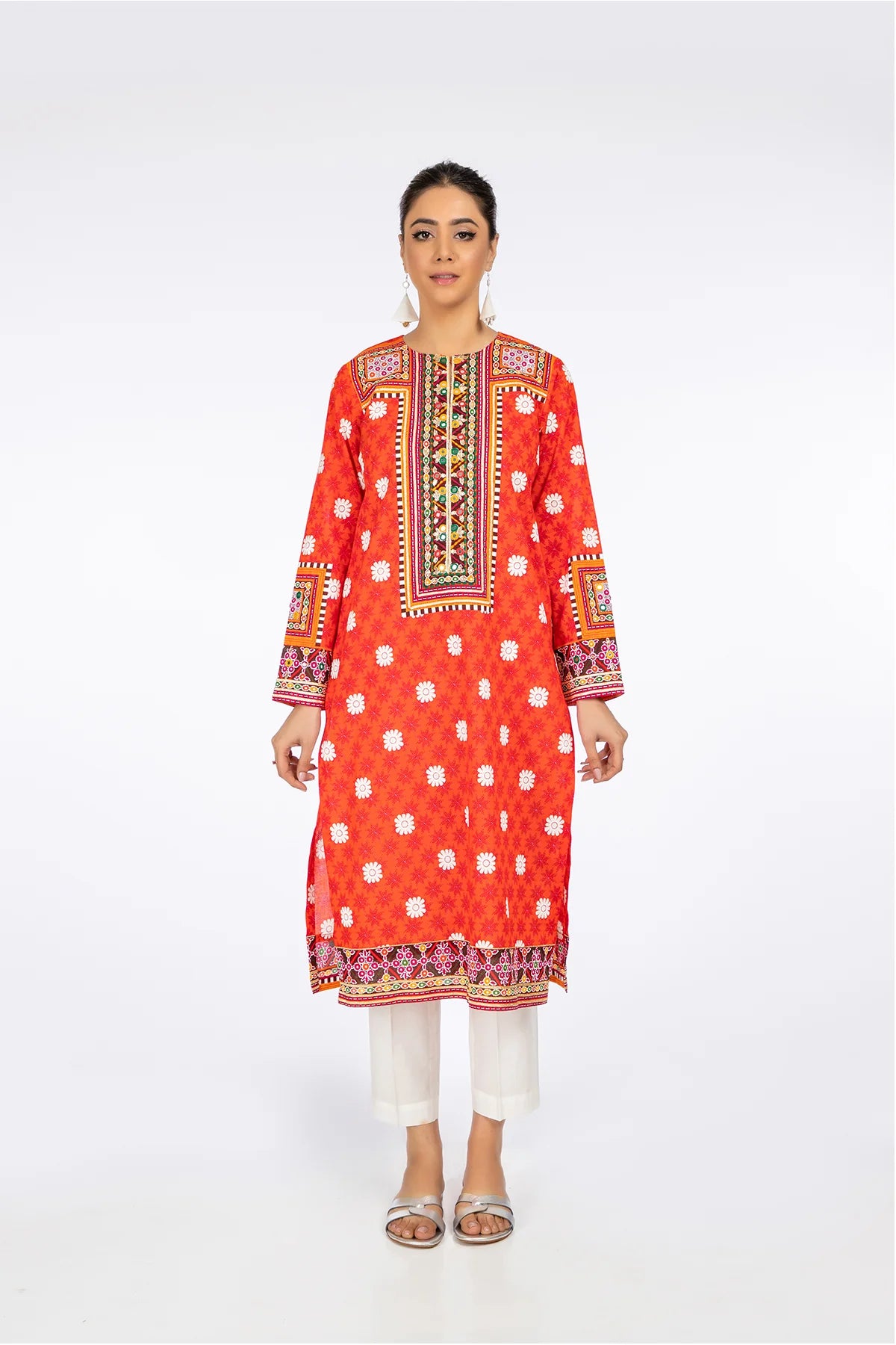 Women wearing Kayseria Portland orange cotton lawn shirt – a stylish choice for Pakistani suits online in Canada, featuring a soft, breathable fabric.