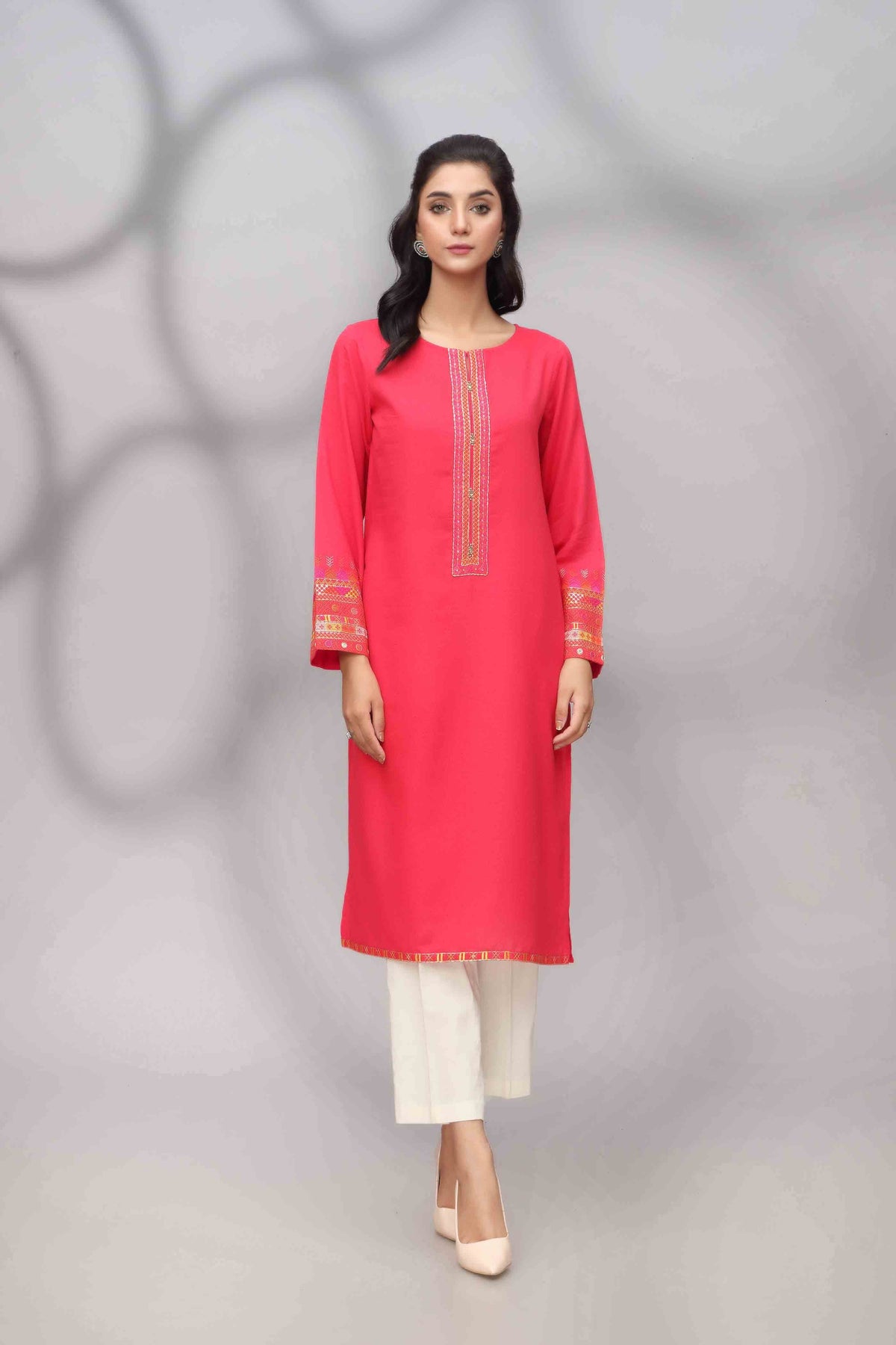 Chinyere coral red lawn karandi shirt – a stylish Pakistani suit online in Canada, perfect for casual wear.