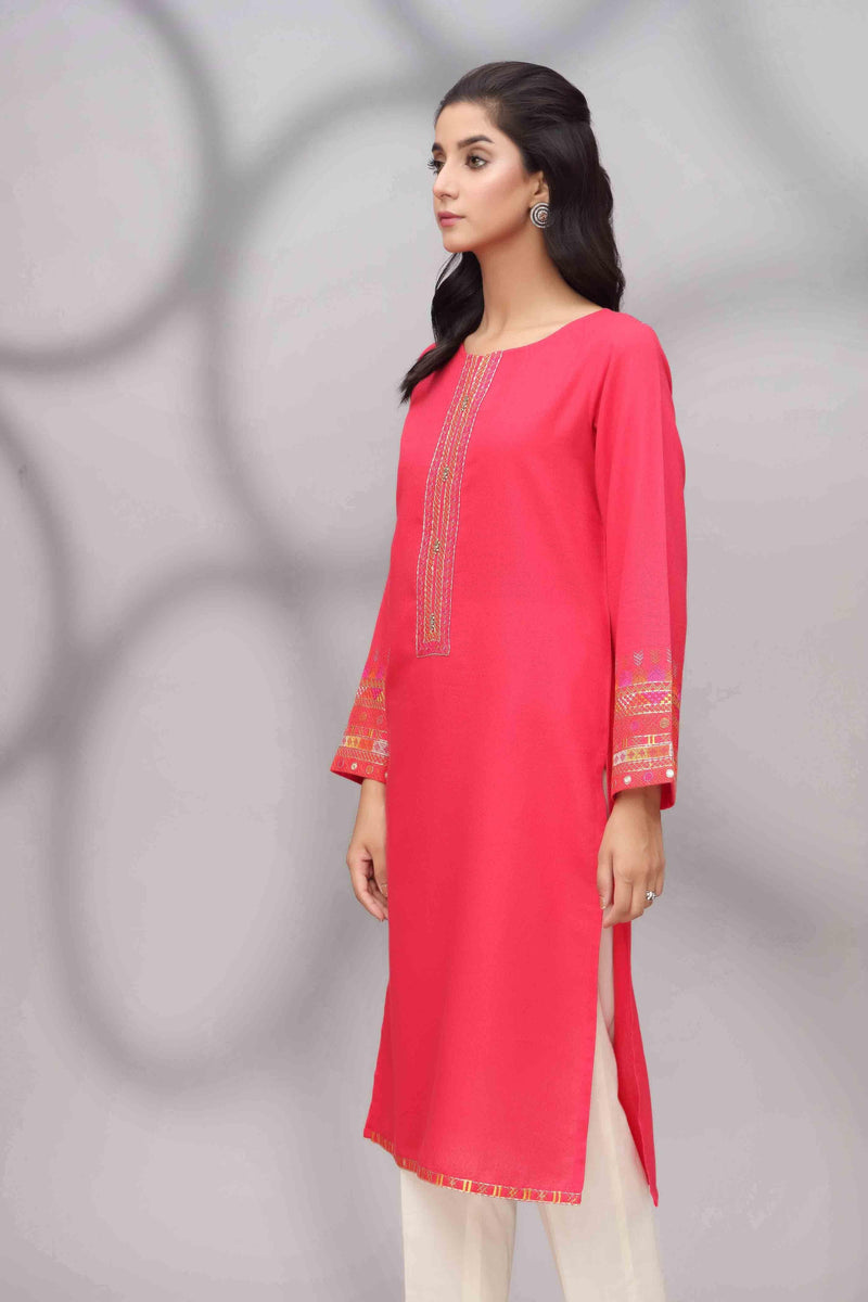 Side profile of the Chinyere coral red shirt, a trendy addition to Punjabi suits in Canada.